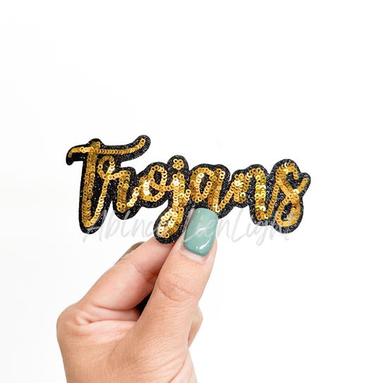 Gold Trojans Mascot Script Letter Sequin Patch - Small