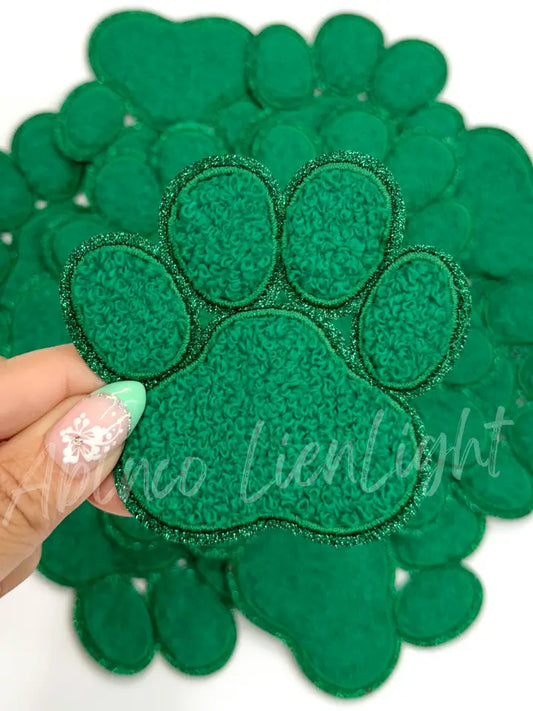 Green Chenille Paw Embroidery Patch