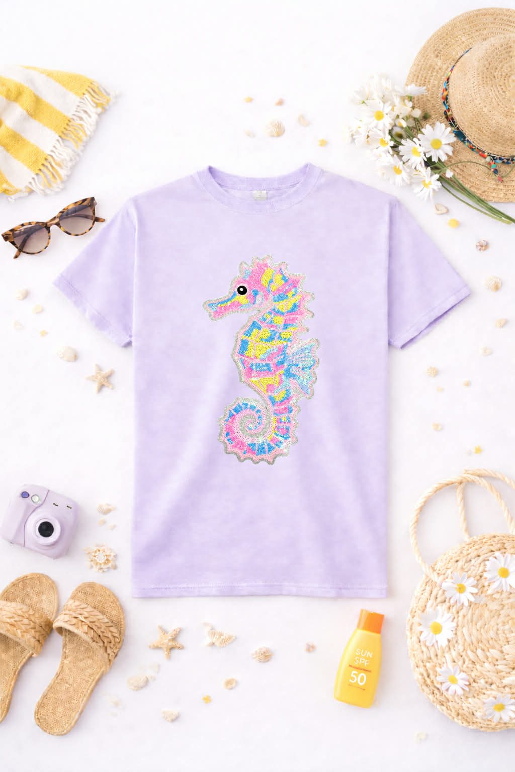 Pink and Blue Seahorse Summer Sequin Patch Tshirt