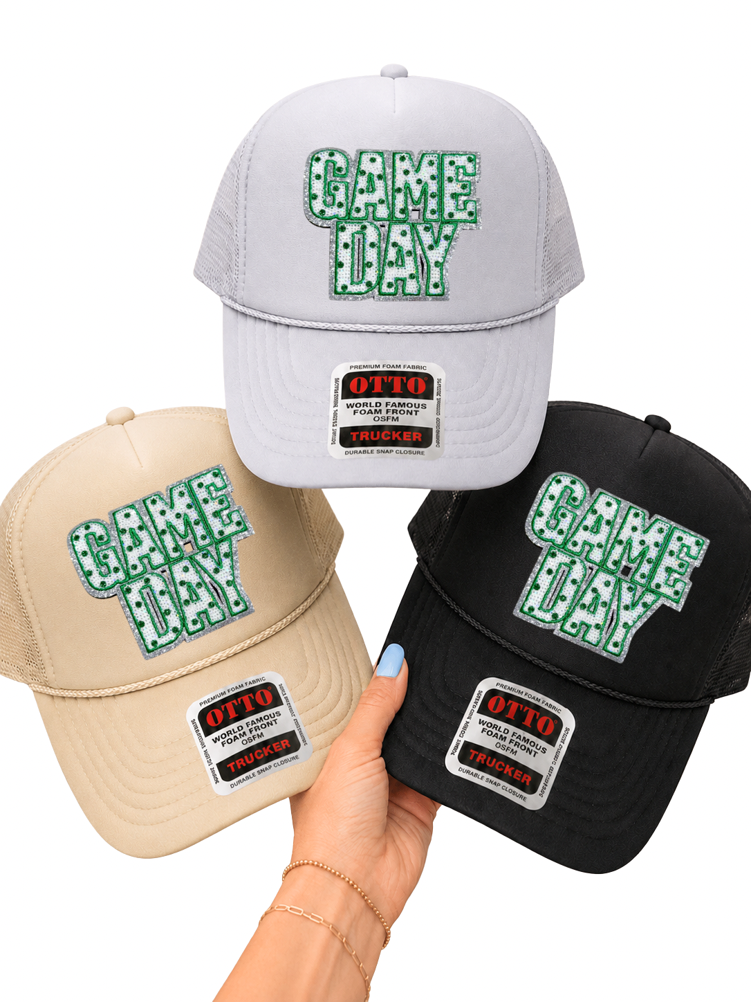 Green Polka Dots Game Day Sequin Patch Otto Trucker Hat