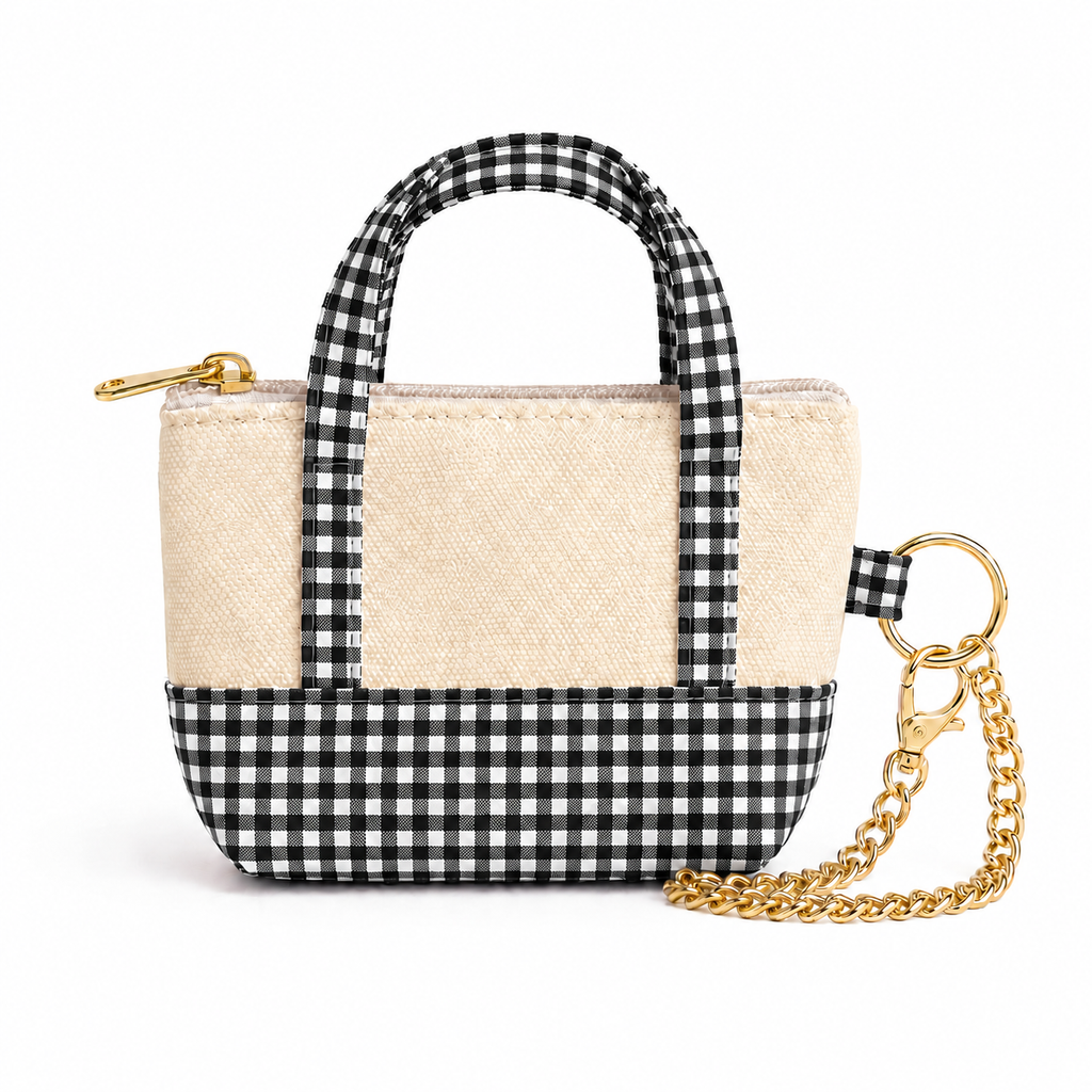 Black Gingham Mini Tote Bag Keychain | Zippered Purse Charm & Pouch