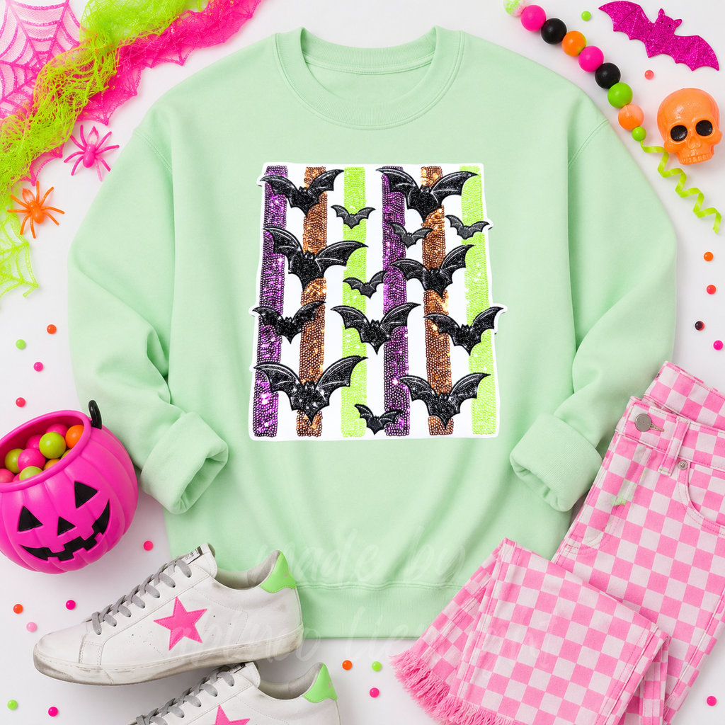 Colorful Striped Bats Halloween Sequin Patch Sweatshirt