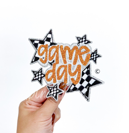 Orange Game Day Checkered Star Sequin Glitter Patch