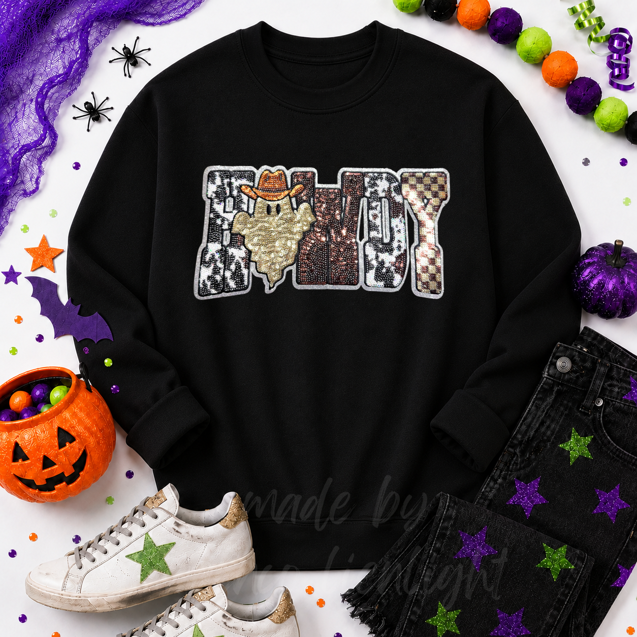 Cow Print Ghost Howdy Halloween Sequin Patch Sweatshirt