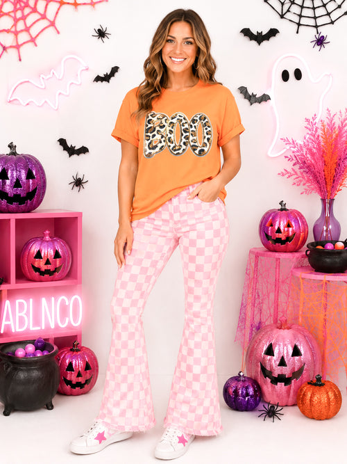 Cheetah Print Boo Halloween Sequin Patch Tshirt