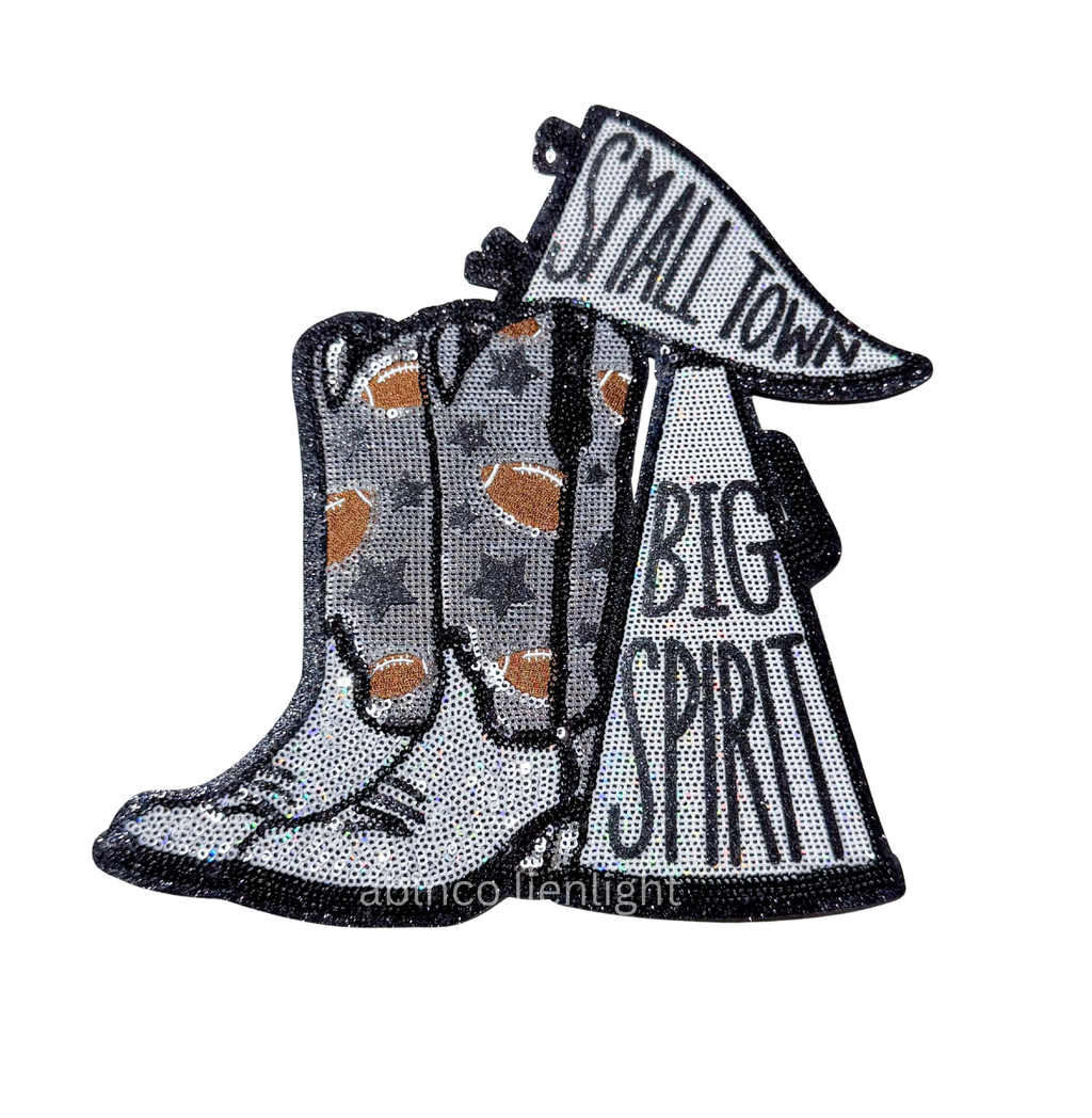 Black Small Town Big Spirit Football Sequin Patch - Large
