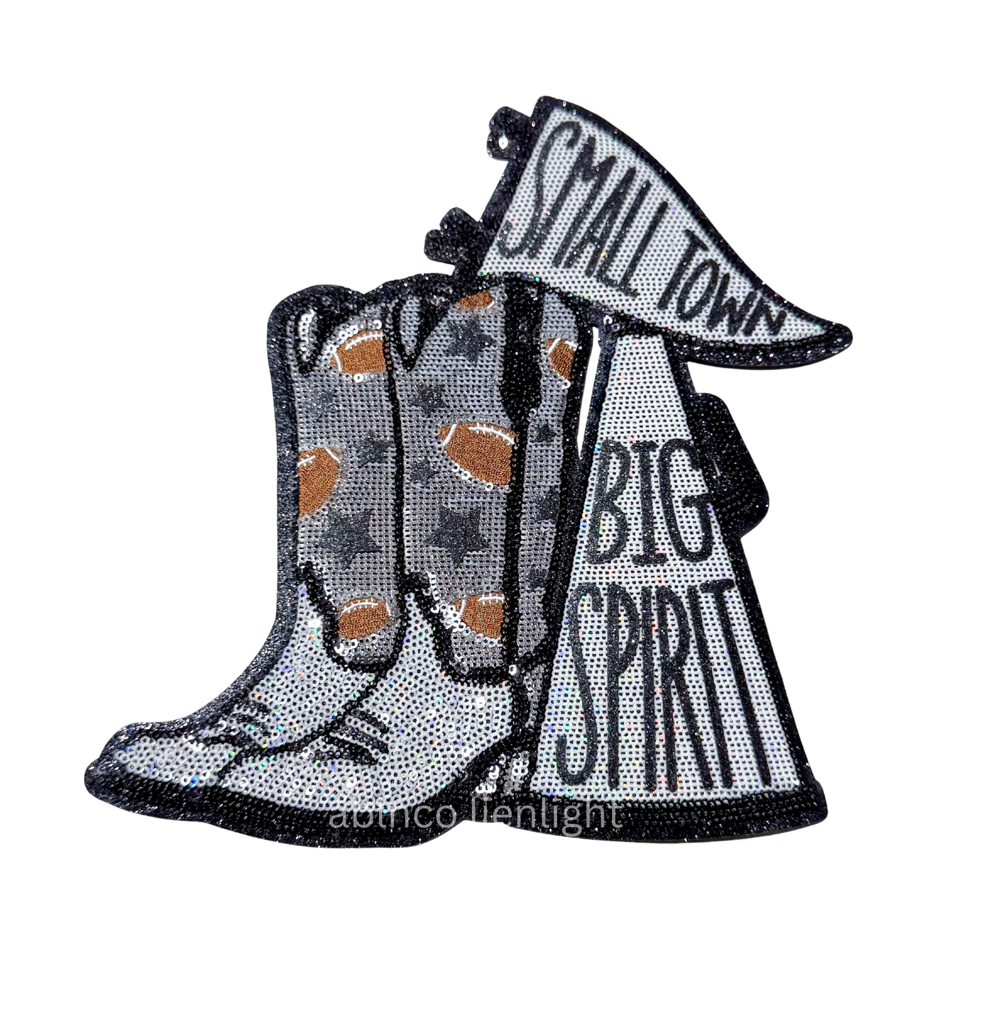 Black Small Town Big Spirit Football Sequin Patch - Large