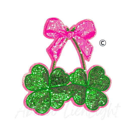 Pink Clover Bow St Patricks Day Sequins Patch - Large
