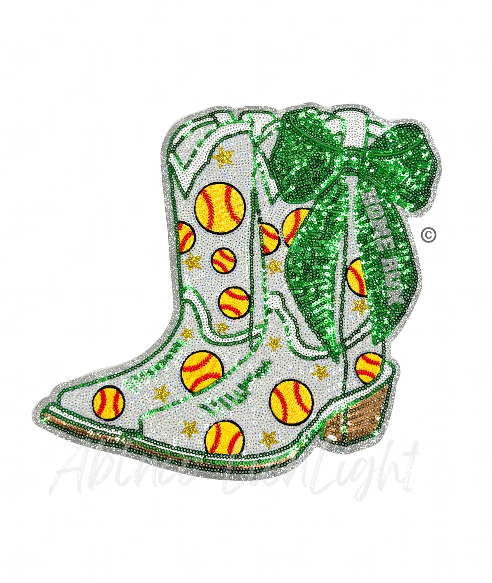 Softball Homerun Green Bow Boots Sequin Patch - Large