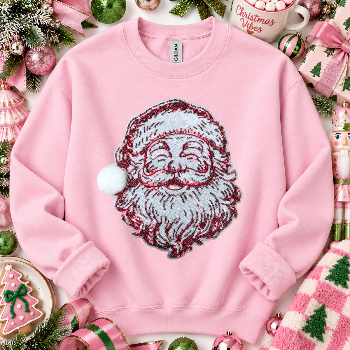Red Vintage Santa Fuzzy Poof Ball Christmas Sequin Patch Sweatshirt