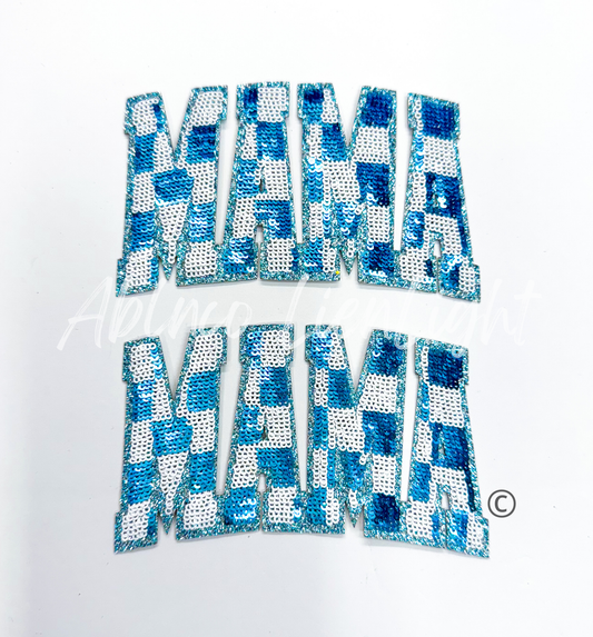 Small Blue Checkered Mama Sequins Patch