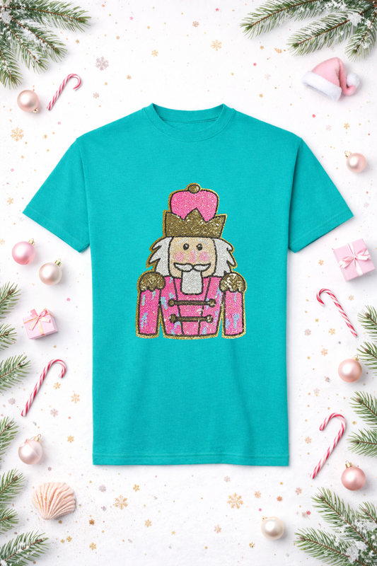 Nutcracker Pink Gold Sequins Christmas Patch Tshirt