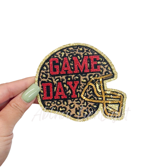 Red Game Day Cheetah Football Helmet Glitter Sequin Patch