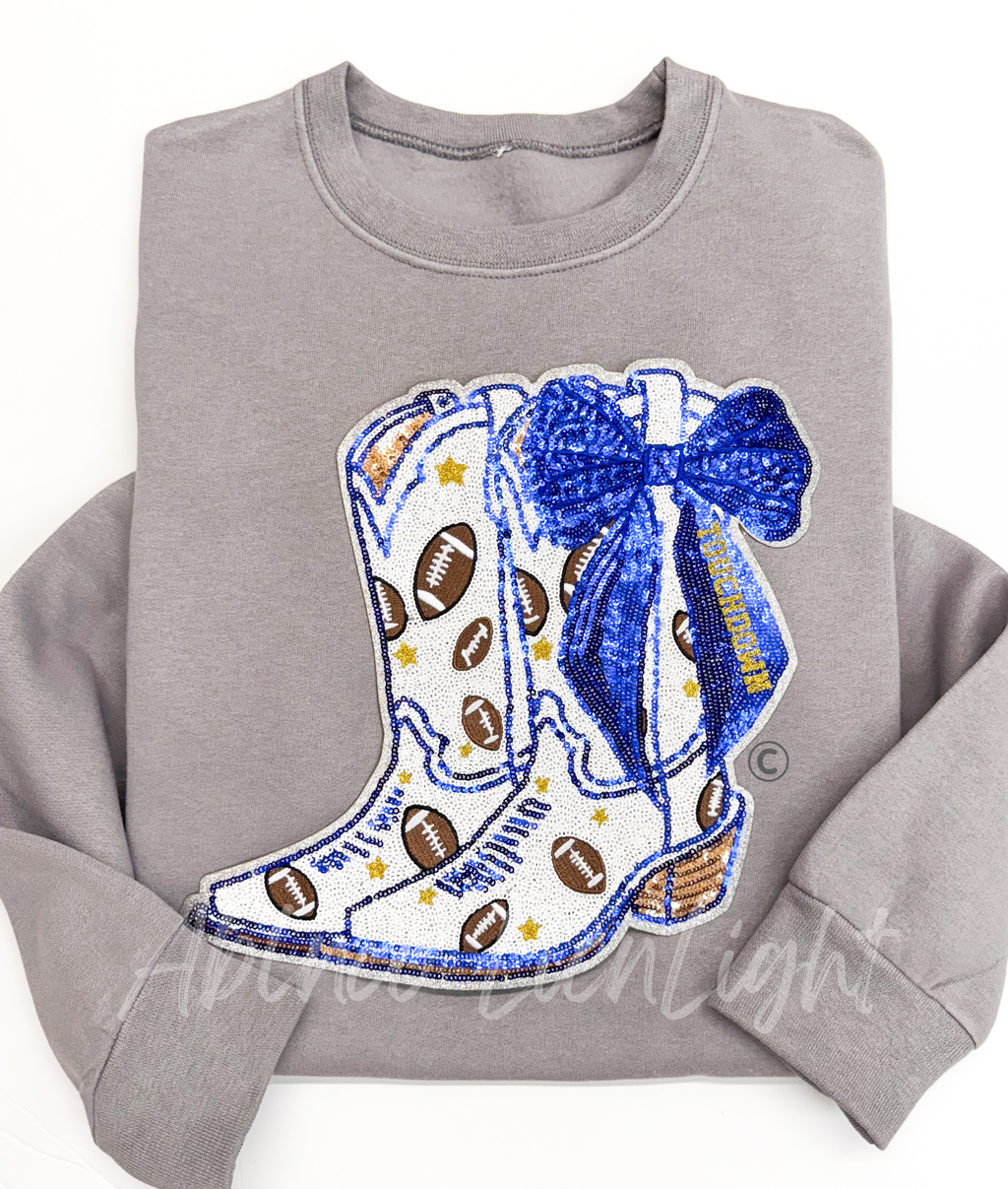 Royal Blue Bow Boot Touchdown Football Sequin Patch - Large