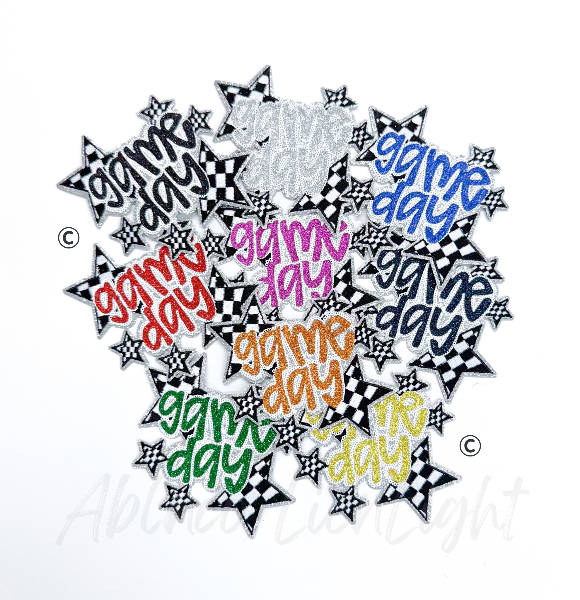 Black Game Day Checkered Star Sequin Glitter Patch