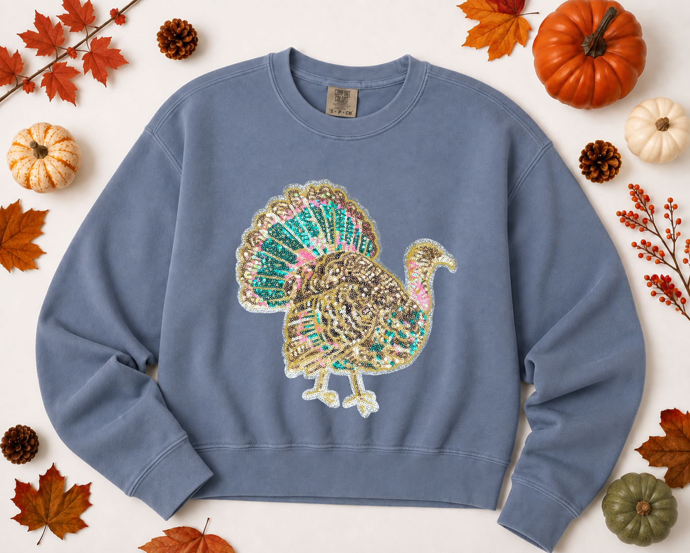 Colorful Turkey Thanksgiving Fall Sequin Patch Mid Length Sweatshirt