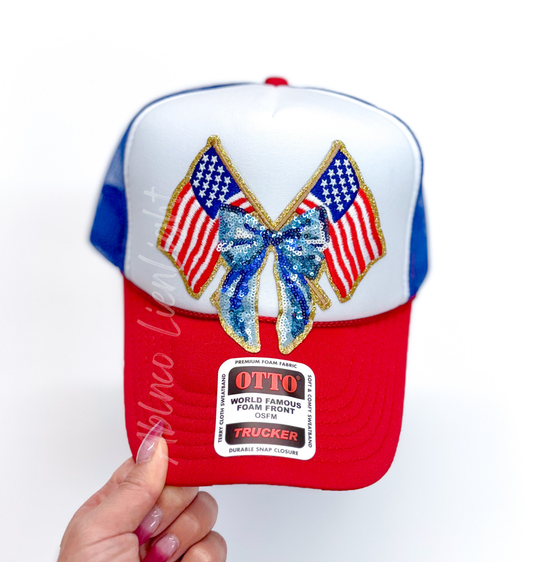American Flag Sequin Bow 4th July Holiday Otto Trucker Hat