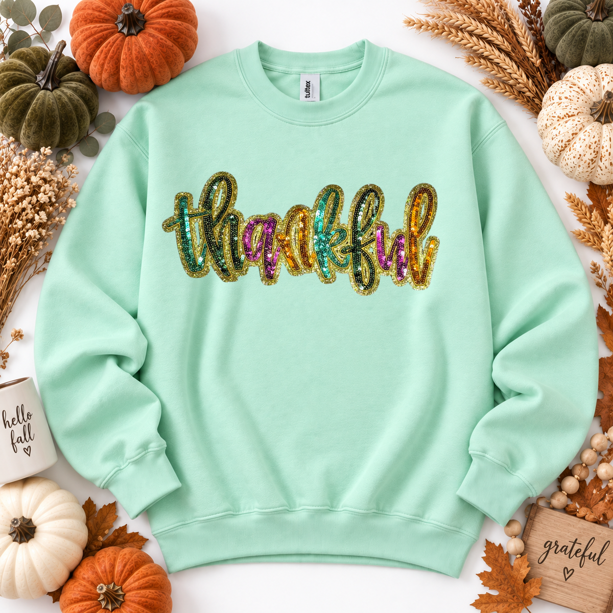 Colorful Thankful Thanksgiving Fall Sequin Patch Full Length Sweatshirt