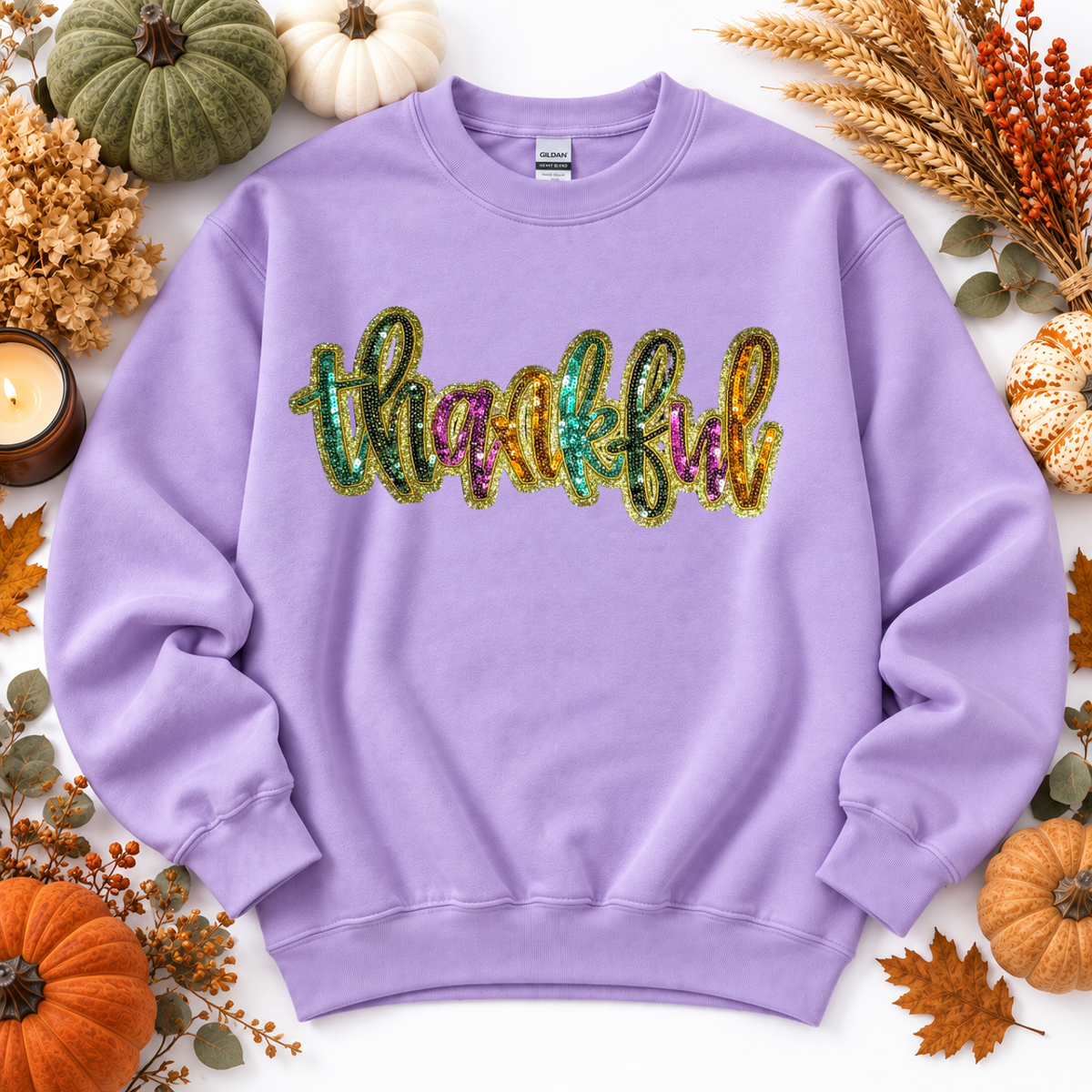 Colorful Thankful Thanksgiving Fall Sequin Patch Full Length Sweatshirt