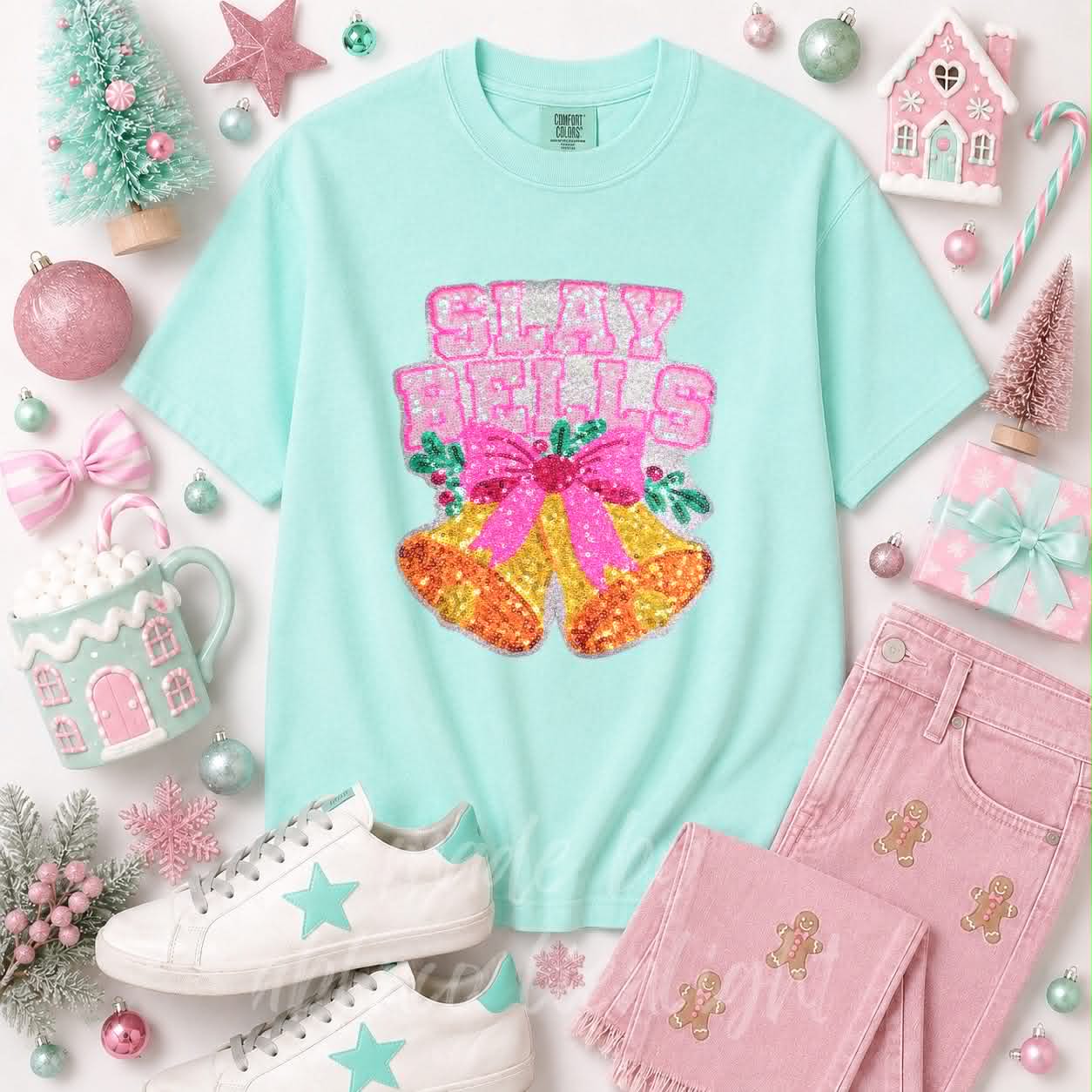 Slay Bells Christmas Sequin Patch Tshirt