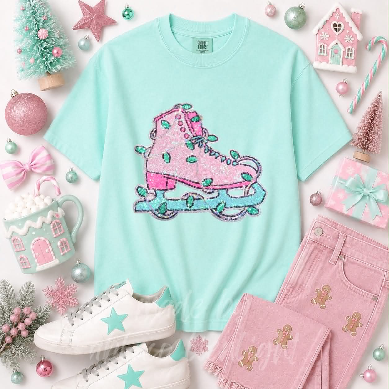 Ice Skate Christmas Sequin Patch Tshirt