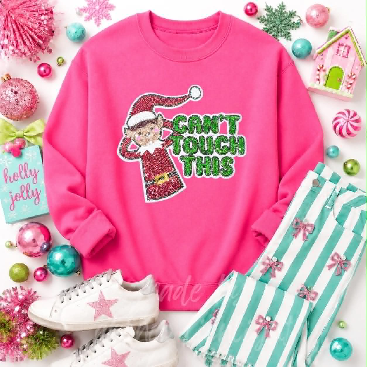 Can't Touch This Elf Christmas Sequin Patch Sweatshirt