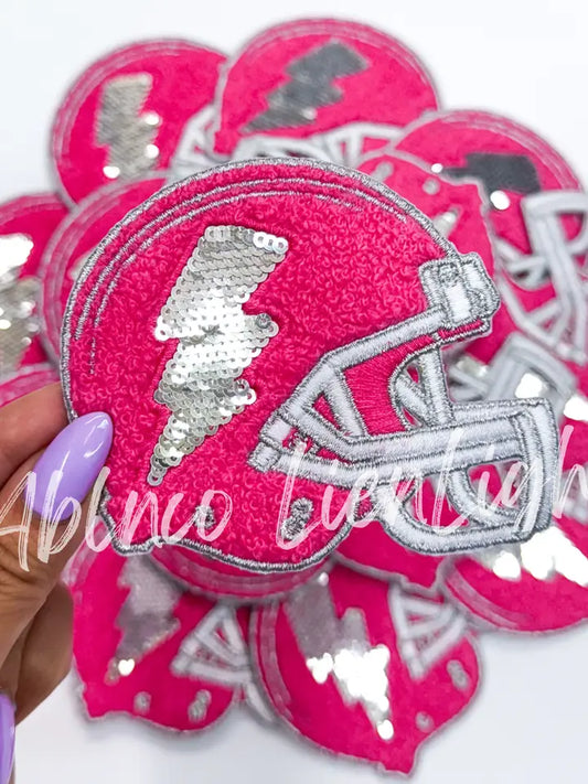 Hot Pink Football Helmet Chenille Sequin Embroidery Patch