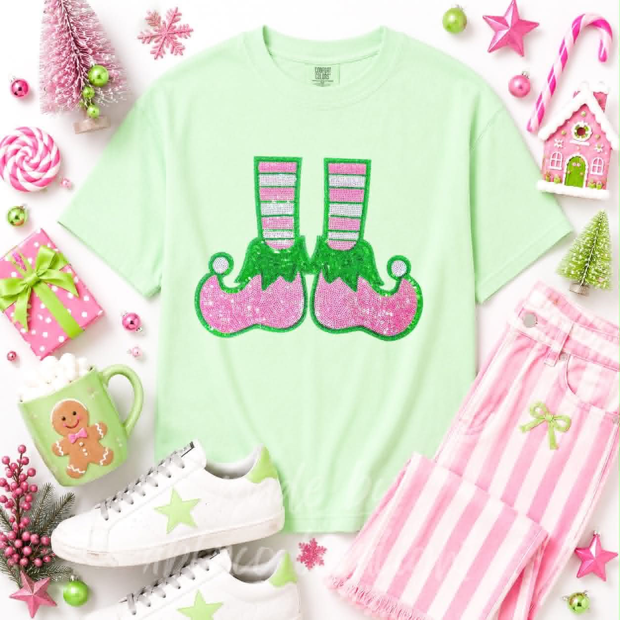 Elf Shoes Christmas Sequin Patch Tshirt
