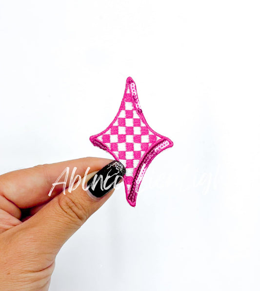 Hot Pink Checkered Diamond Star Embroidery Sequin Patch