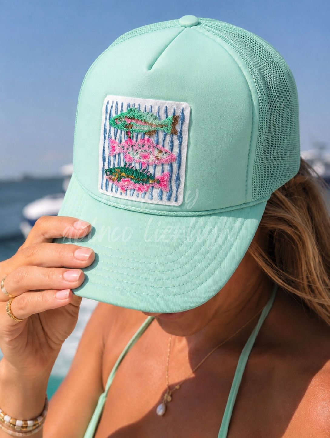 Pink And Teal Fish Trio Summer Sequin Patch Otto Trucker Hat