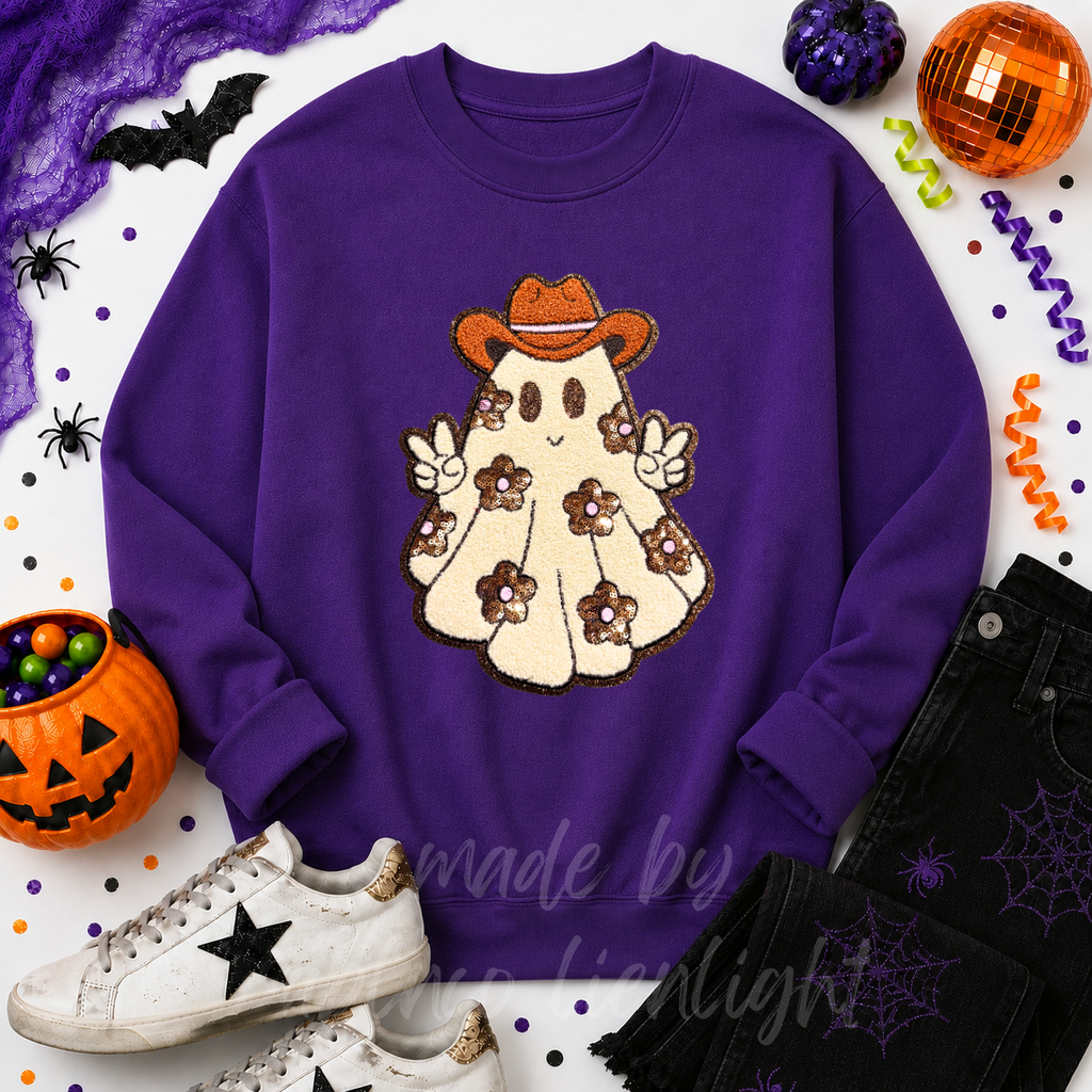 Floral Ghost Halloween Sequin Patch Sweatshirt