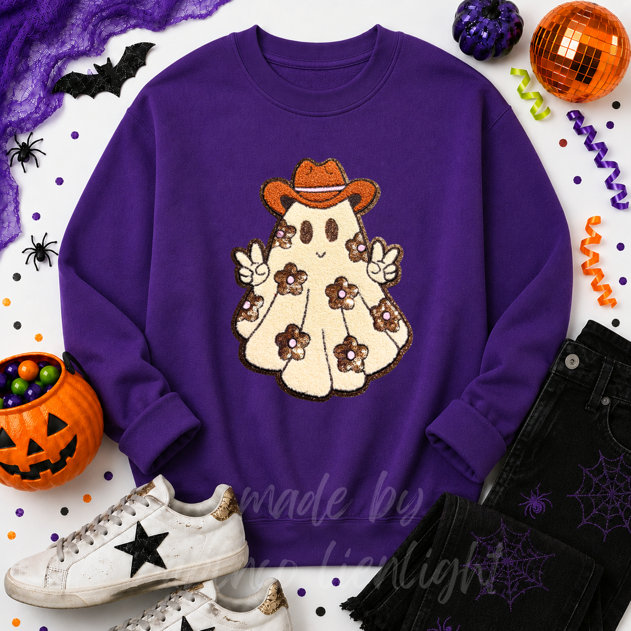Floral Ghost Halloween Sequin Patch Sweatshirt