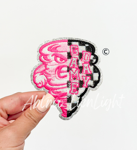 Preppy Pink Checkered Twister Cyclone Mascot Game Day Sequin Patch - Small