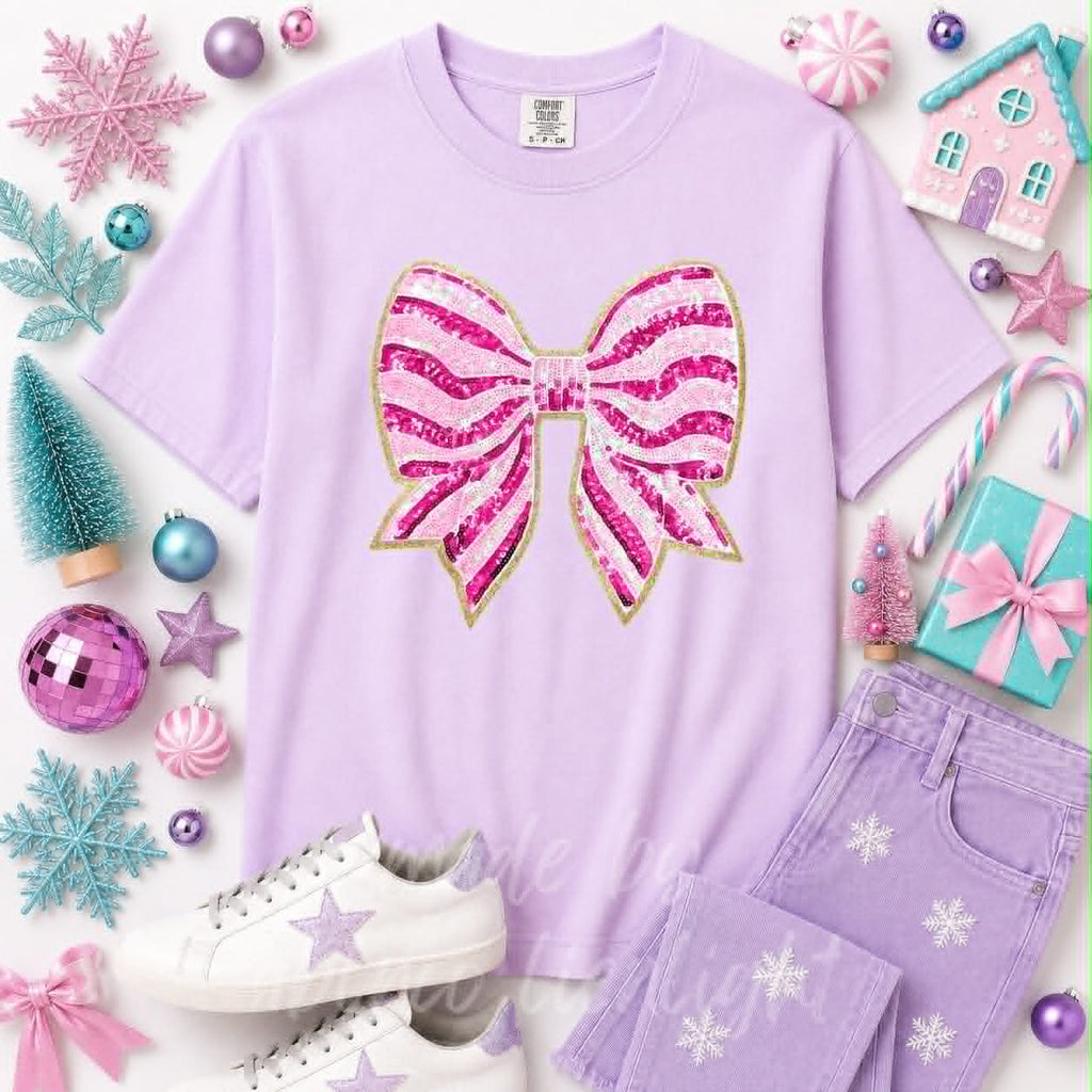 Pink Stripe Bow Christmas Sequin Patch Tshirt