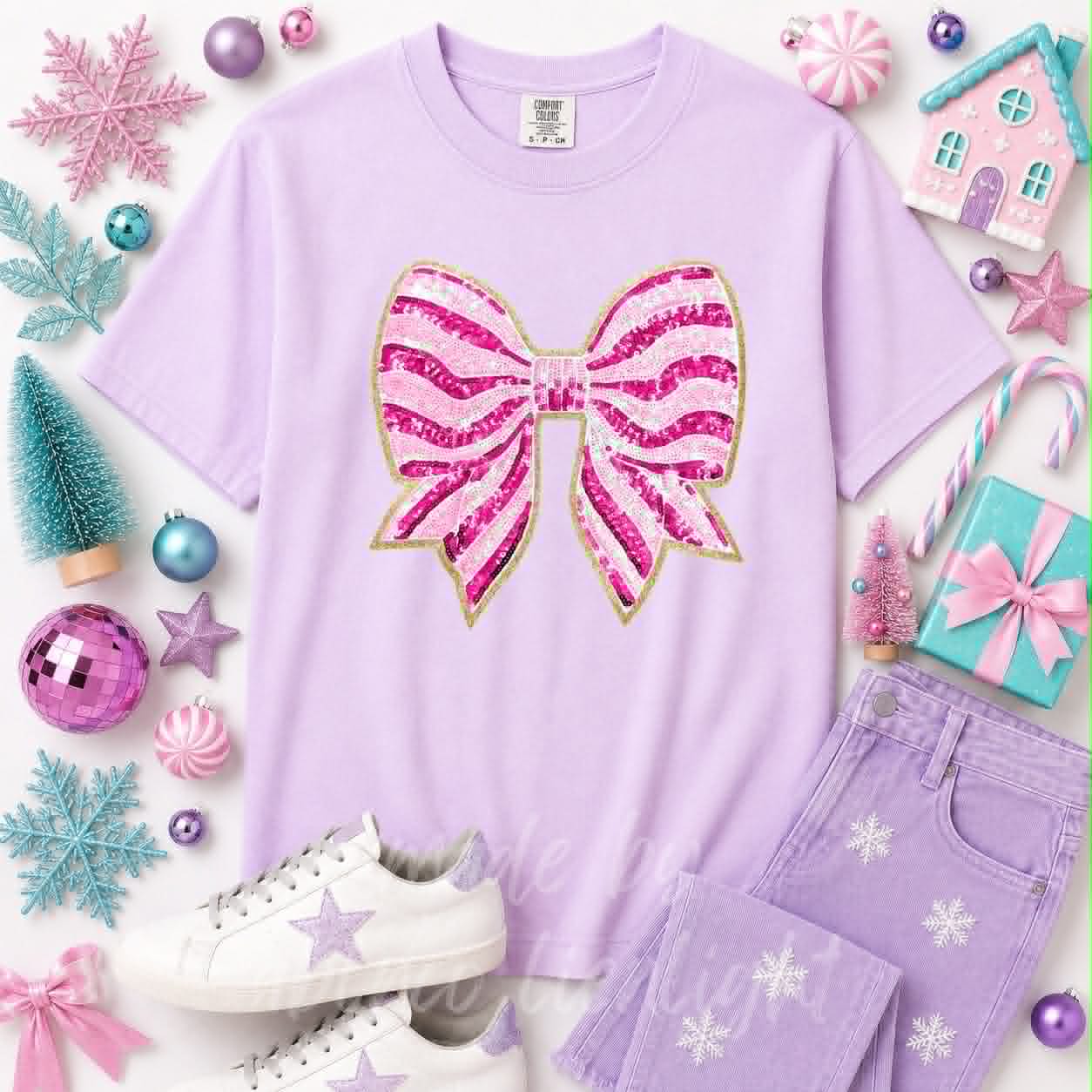 Pink Stripe Bow Christmas Sequin Patch Tshirt