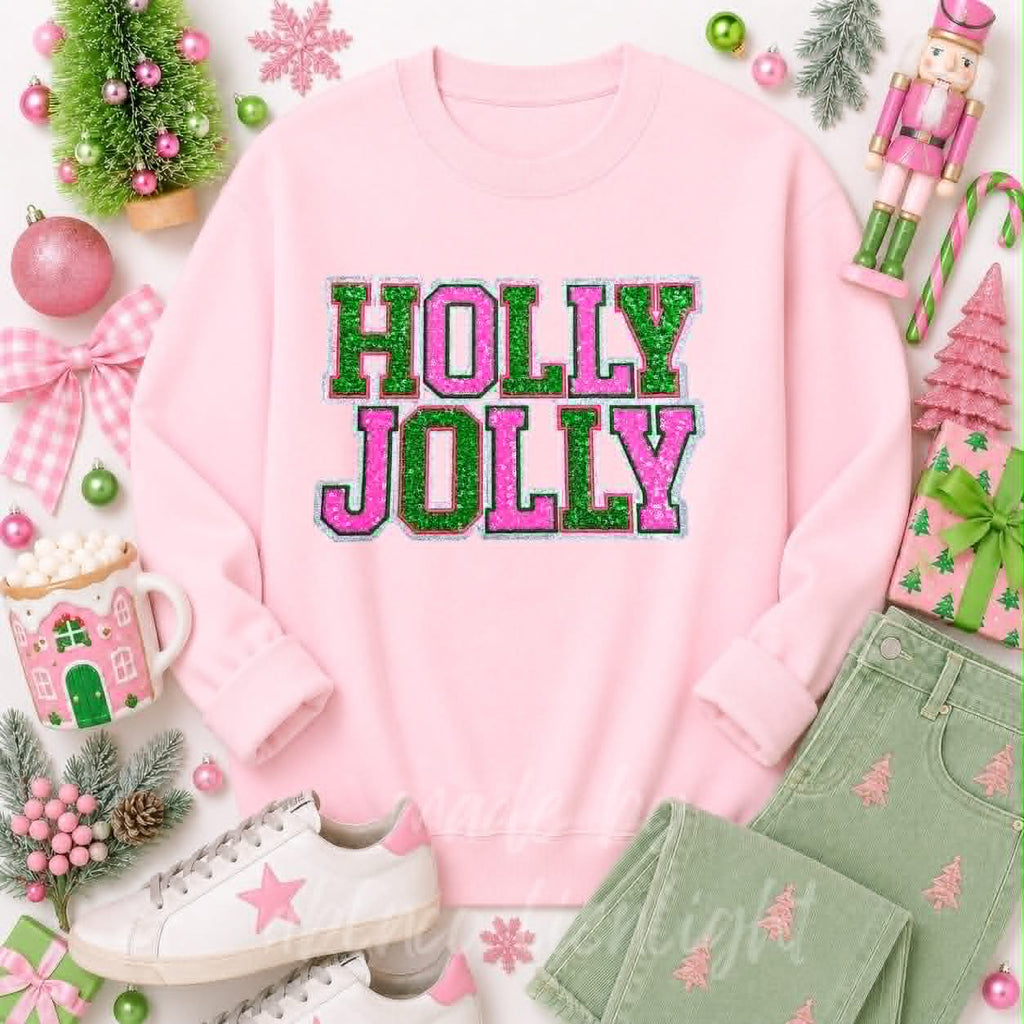 Pink & Green Holly Jolly Christmas Sequin Patch Sweatshirt
