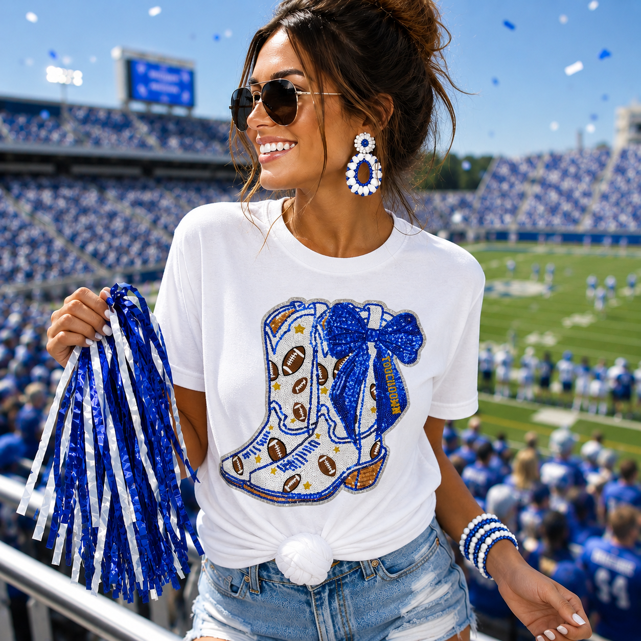Football Touchdown Royal Blue Bow Boot Sequin Tshirt