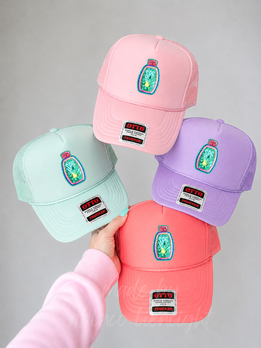 SPF Sunscreen Bottle Summer Patch Otto Trucker Hat