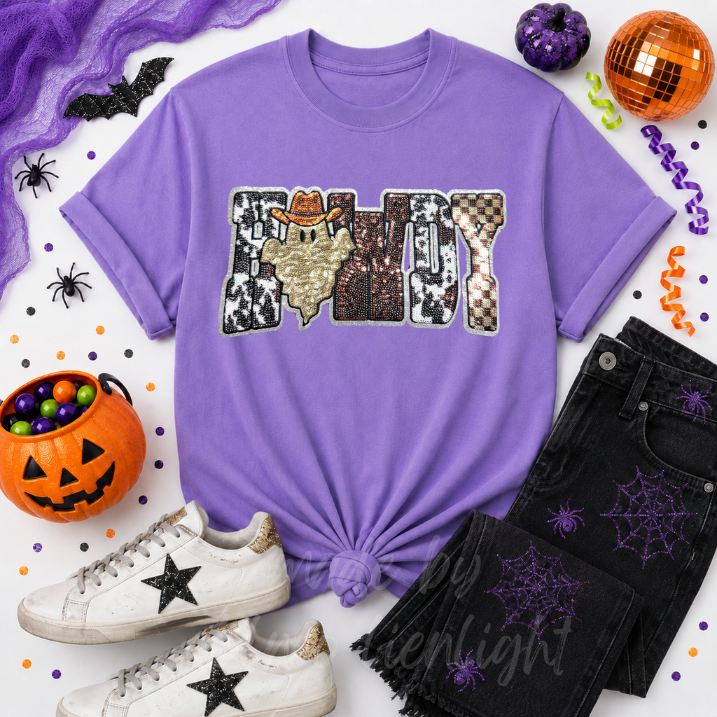 Cow Print Ghost Howdy Halloween Sequin Patch Tshirt
