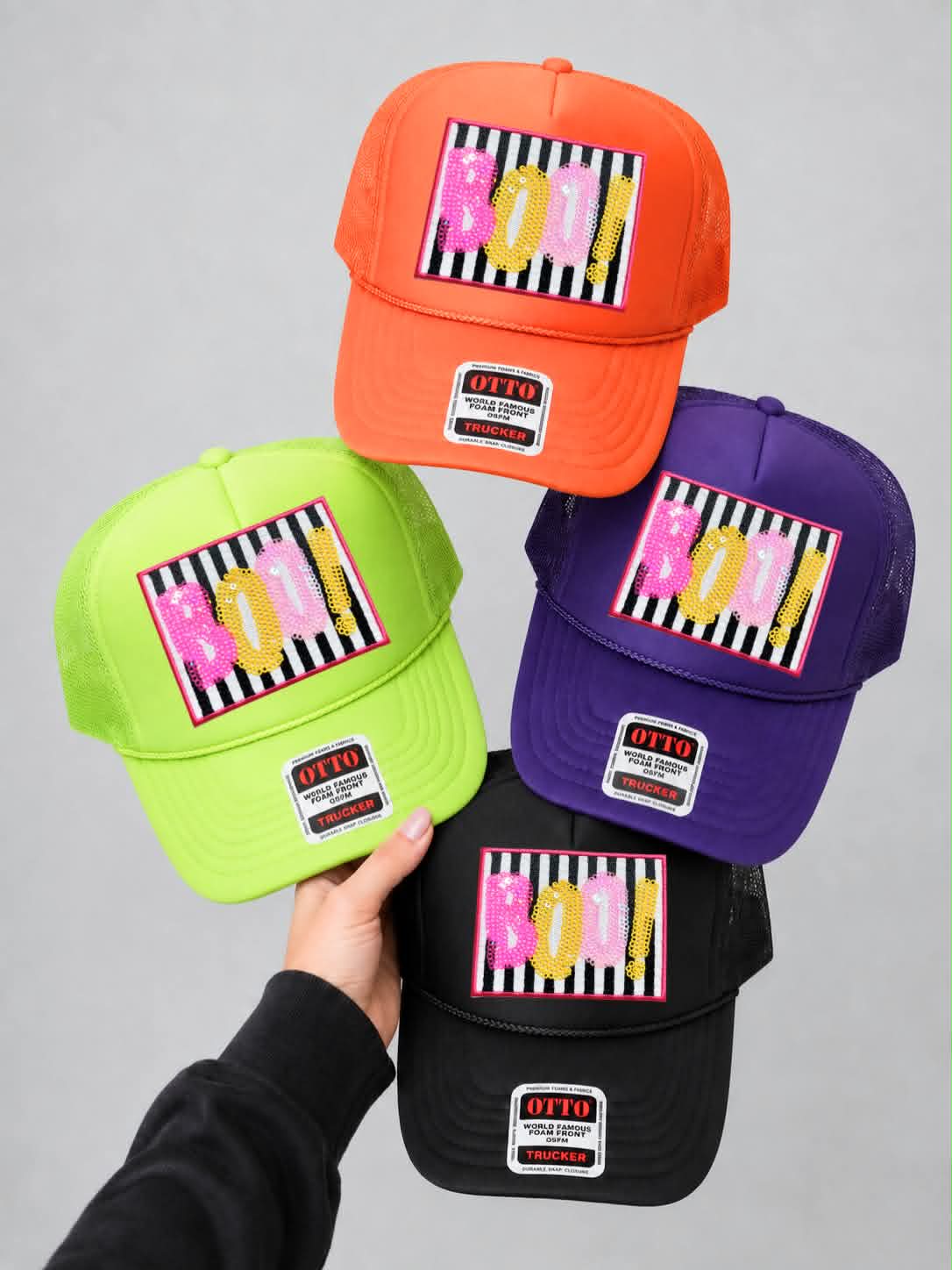 Colorful Boo Halloween Sequin Patch Otto Trucker Hat