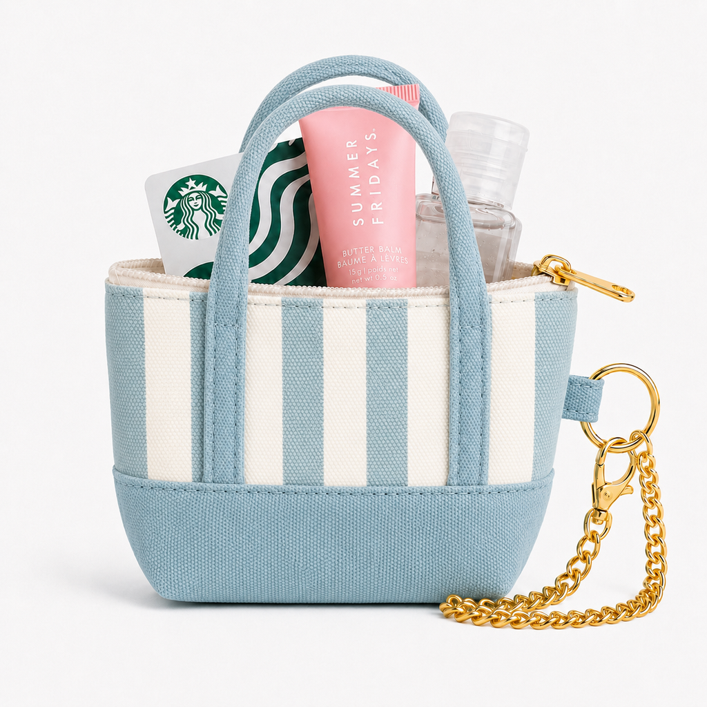 Blue Striped Mini Tote Bag Keychain | Zippered Purse Charm & Pouch