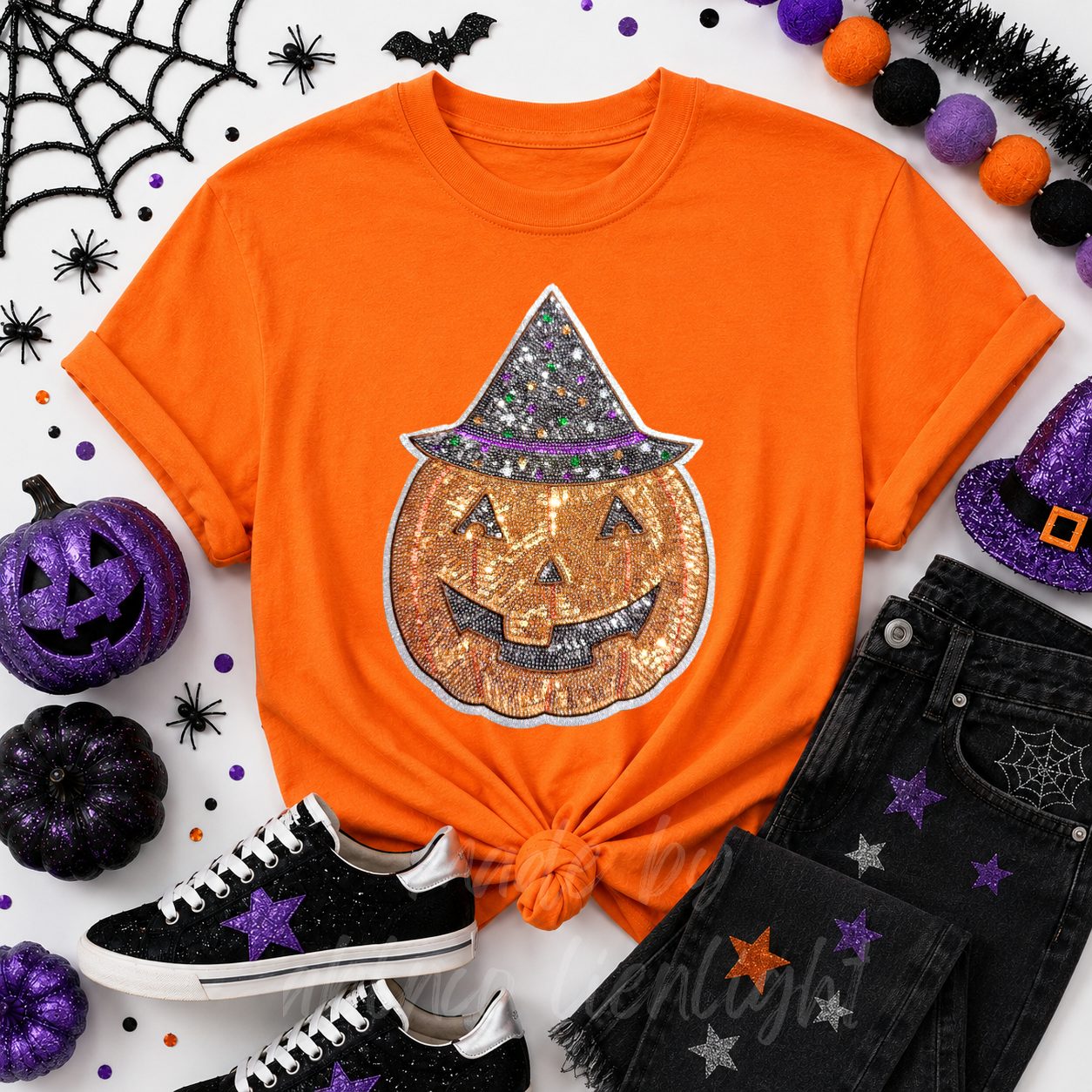 Witchy Pumpkin Halloween Sequin Patch Tshirt