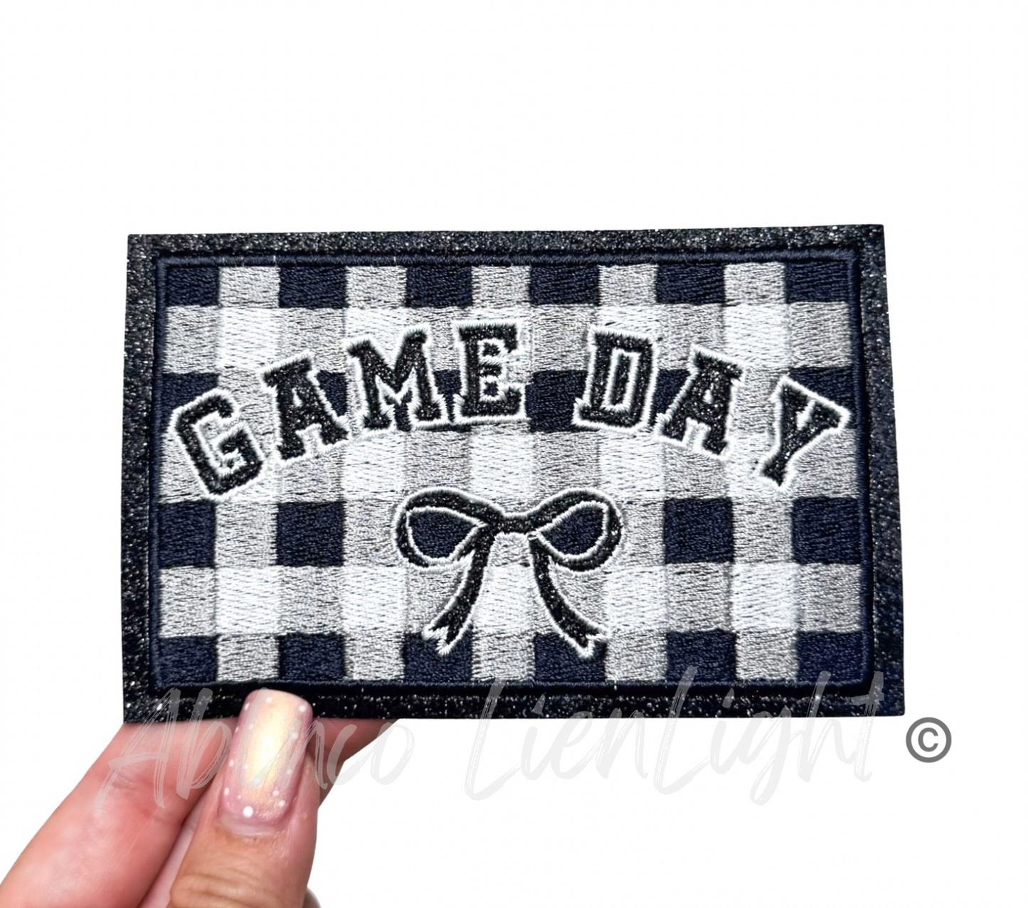 Black Game Day Checkered Plaid Bow Patch