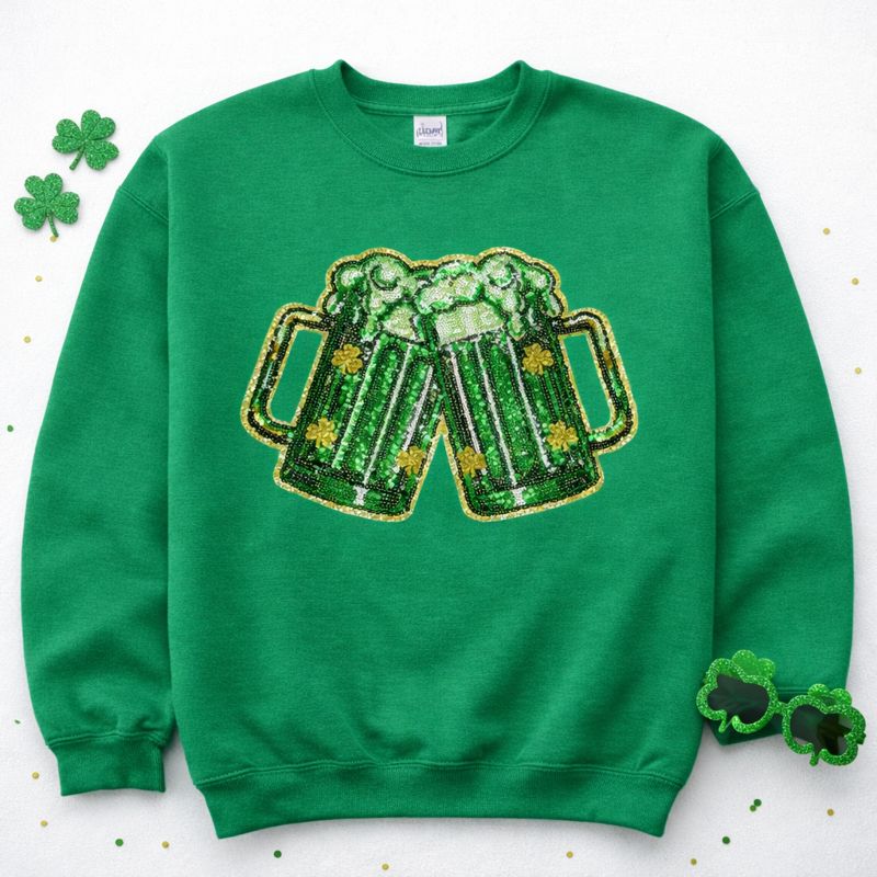 Green Beer St Patricks Day Sequin Patch Sweatshirt