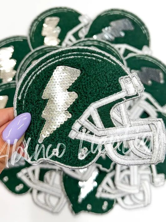 Green Football Helmet Chenille Sequin Embroidery Patch