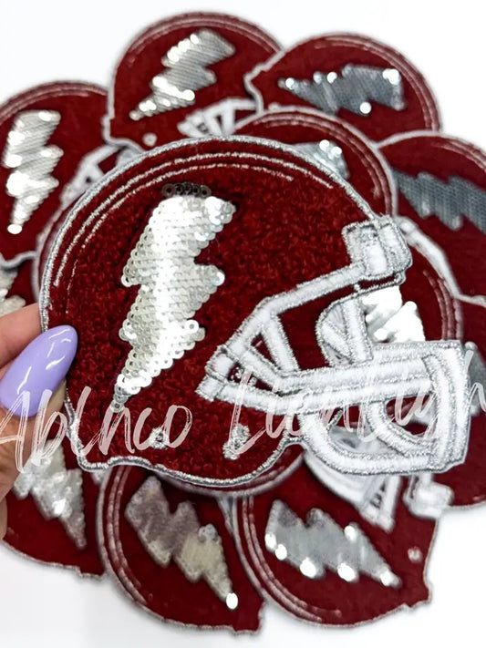 Maroon Football Helmet Chenille Sequin Embroidery Patch