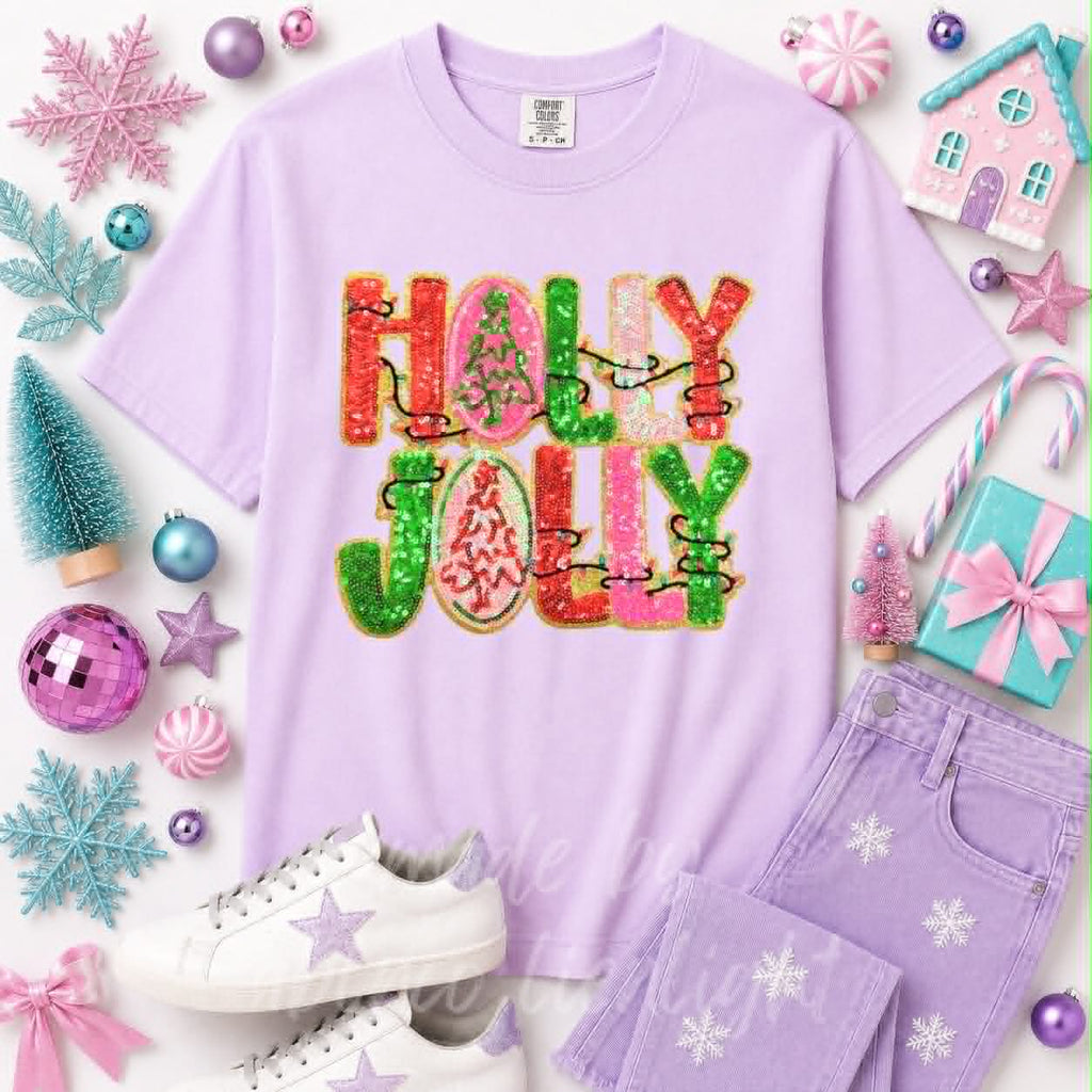 Holly Jolly Christmas Lights Christmas Sequin Patch Tshirt