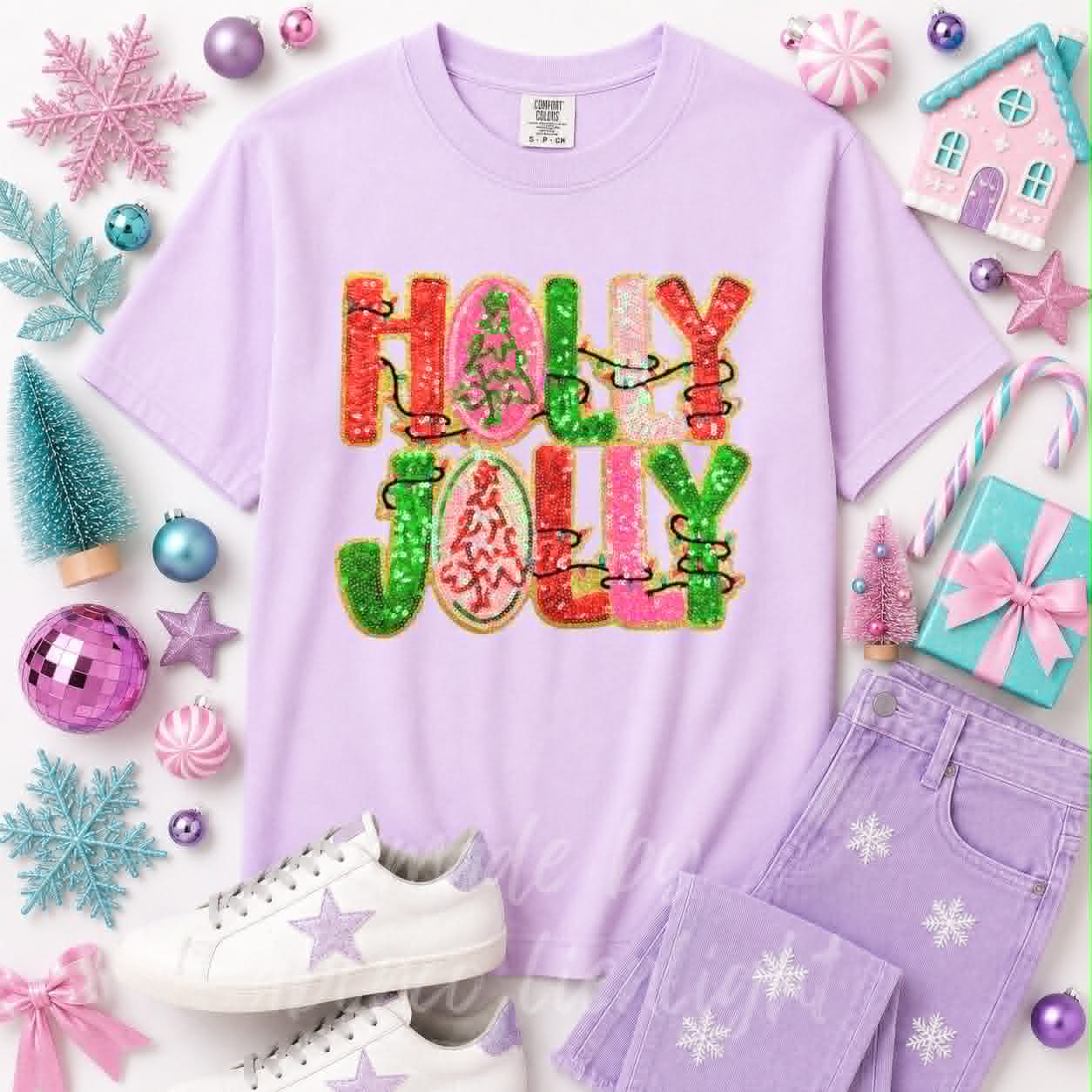 Holly Jolly Christmas Lights Christmas Sequin Patch Tshirt