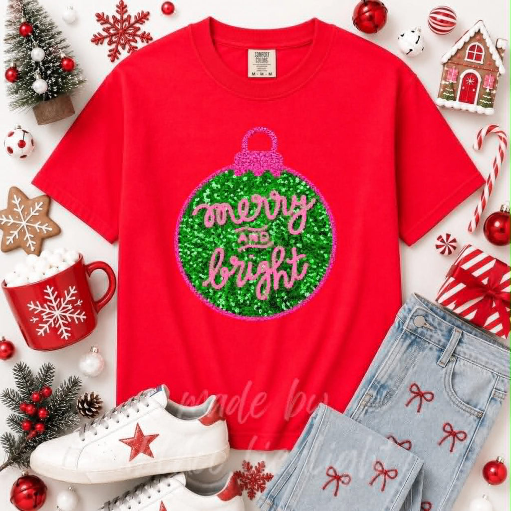 Merry & Bright Ornament Christmas Sequin Patch Tshirt