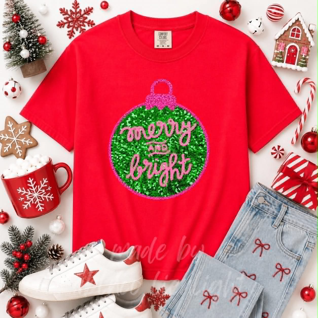 Merry & Bright Ornament Christmas Sequin Patch Tshirt